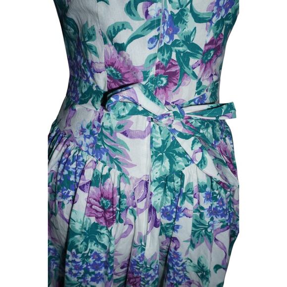 Vintage 80s Expo Petite Cold Shoulder Floral Midi Dress Purple Green Cotton -4 - Picture 8 of 11